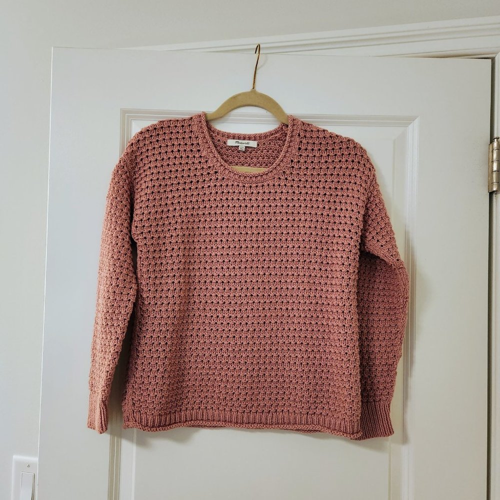 Madewell Pink Crochet Open Knit Crewneck Sweater